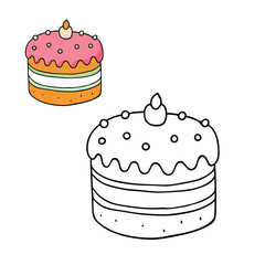 A fun and whimsical hand-drawn doodle cake coloring page featuring intricate patterns, swirls, and details, perfect for creativity and relaxation. Ideal for all ages!