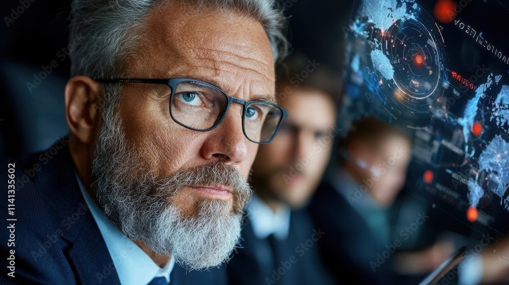 Poster serious bearded businessman in a suit deeply focused on analyzing data and global strategy on a futu