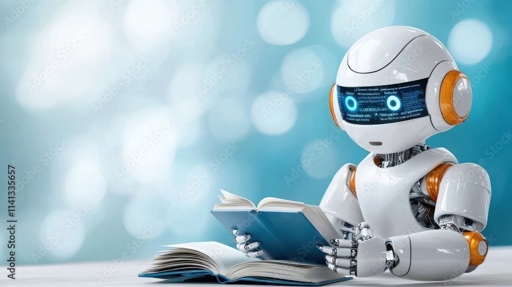 Poster a highly advanced robotic intelligence entity deeply absorbed in carefully reading a book with inten