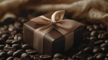 Close up view of a small gift box tied with a ribbon in the middle of coffee beans, advertising concept for coffee sales or promotions