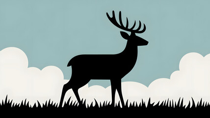 Fototapeta premium A silhouette of a deer standing on grass with a light blue sky and fluffy clouds in the background.