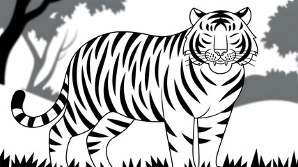 Fototapeta premium A stylized black and white illustration of a tiger standing in a grassy area, with trees in the background. The tiger has distinct stripes and a playful expression.