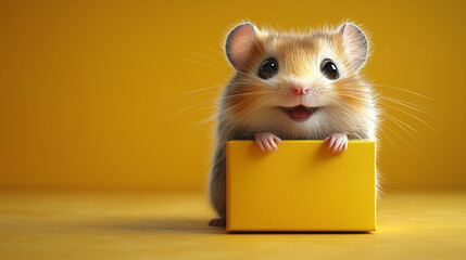 Fototapeta premium Adorable Hamster Holding a Yellow Box Against a Bright Yellow Background