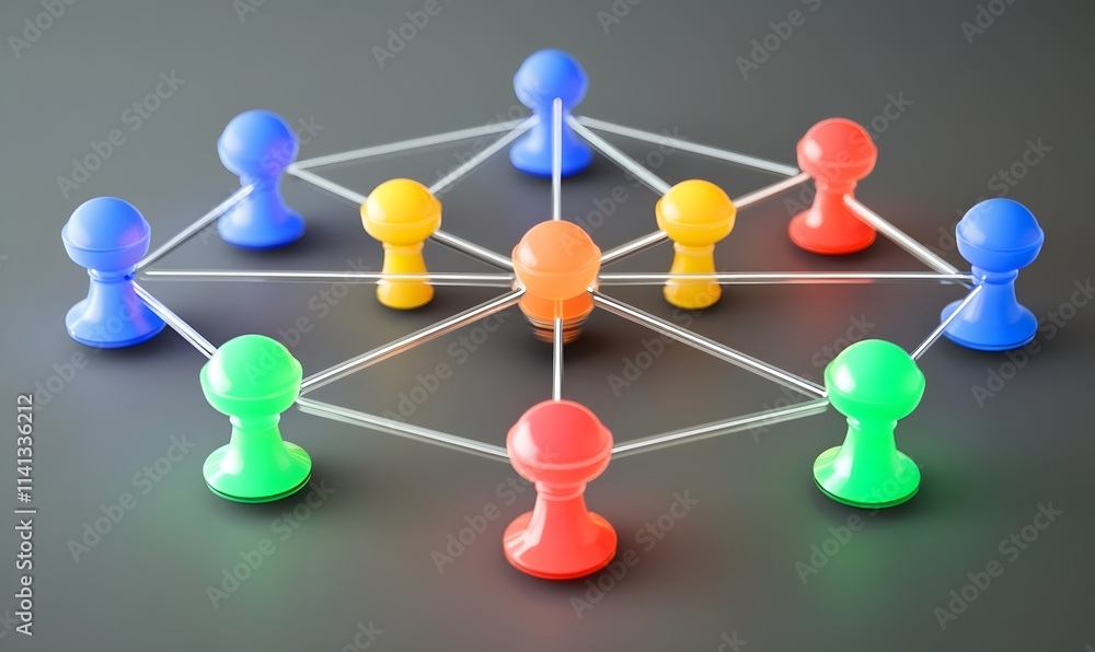 Poster network of colorful pushpins connected by lines.