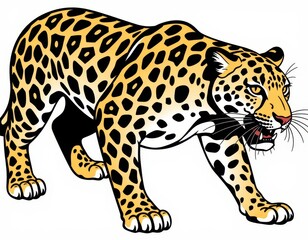 Naklejka premium A majestic, fierce jaguar roars, its bright yellow coat splattered with bold black spots, as it reveals a hint of razor-sharp teeth in its wide-open maw