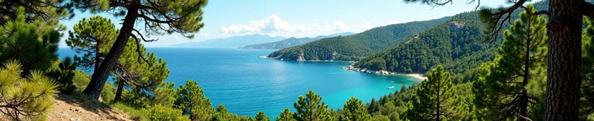 Fototapeta premium Pine forest with juniper trees in Balaklava Bay, balaklava bay, pine forest, juniper tree