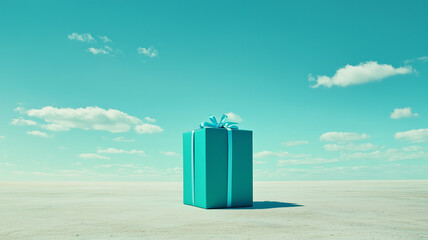 View of the horizon with sky and a gift box in the distance, natural background with copy space