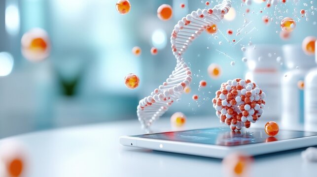 Futuristic 3D rendering of DNA molecular structure and digital technology elements  Abstract background with helix molecules and data visualization for medical scientific and innovation concepts