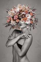 Artistic monochrome woman adorned with vibrant floral crown featuring pink roses, white daisies and mixed blooms against neutral background