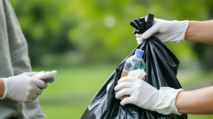Two volunteers in white gloves pick up litter, including a plastic bottle, in a park, contributing to environmental cleanup efforts.