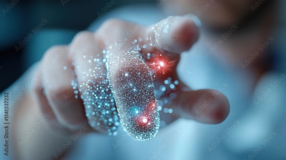 Poster closeup of a human hand emanating a glowing ethereal energy field against a backdrop of a mystical c