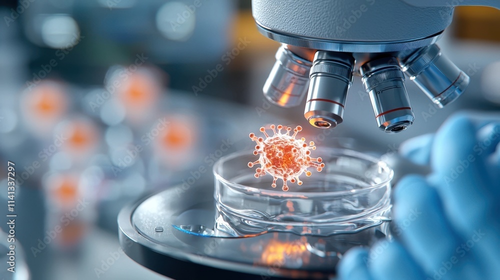 Aufkleber close up view of a microscope closely examining orange colored virus cells or microbes under scienti