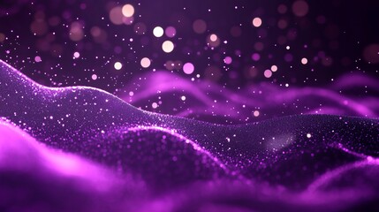 Obraz premium Abstract digital purple particles wave with shining dots and stars, glowing light background