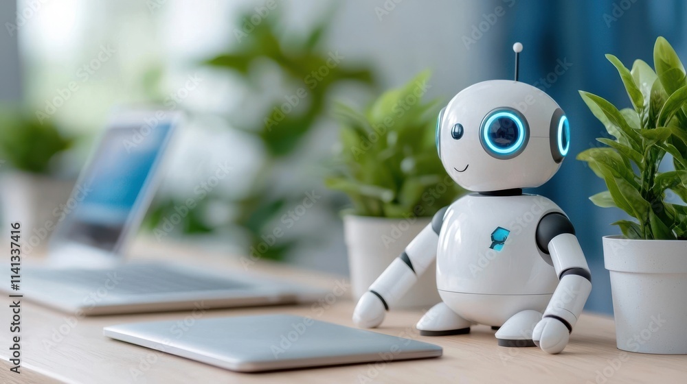 Poster robotic assistant exploring and interacting with digital devices and office plants in a modern green
