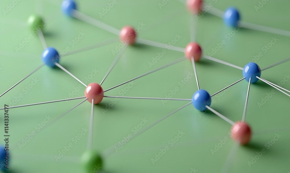 Poster connected colorful pins with string on a green background.