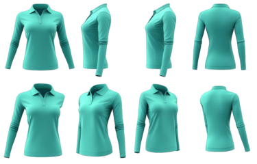 six views of a blank turquoise women's long sleeve polo shirt. front. back. and side views isolated on a transparent background