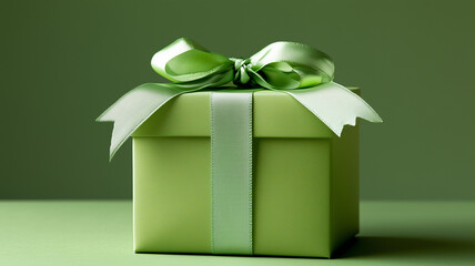 Small green luxury style gift box with a pretty bow on a green background, nature and ecology concept