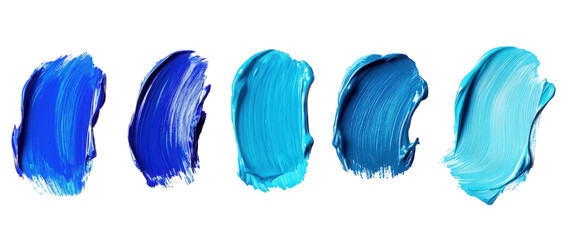 a set of five abstract blue and turquoise paint strokes. isolated on a transparent background the strokes are made with a brush and have a textured effect the colors are bright and vibrant. and the st