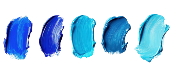 a set of five abstract blue and turquoise paint strokes. isolated on a transparent background the strokes are made with a brush and have a textured effect the colors are bright and vibrant. and the st