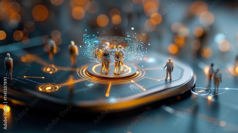 Aufkleber futuristic digital concept with miniature human figures standing on glowing holographic interface ab