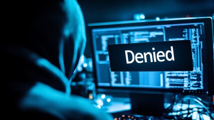 Mysterious Hacker at Computer with Access Denied Screen
