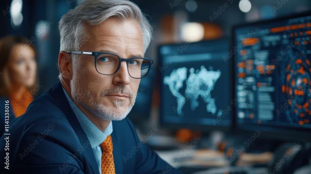 Poster seasoned business executive closely examining financial data market analytics and global intelligenc