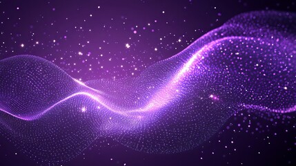 Obraz premium Abstract digital purple particles wave with shining dots and stars, glowing light background