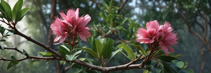Obraz premium Single eucalypt blossom on an isolated branch with lush greenery, floral, botanical, eucalyptus