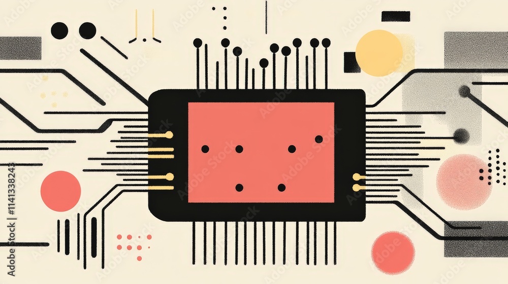 Poster minimalist computer chip design with bold colors and lines