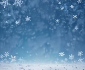Small symmetrical snowflakes falling through an abstract blue and white gradient background in a peaceful winter scene , snowy scene, blue hue