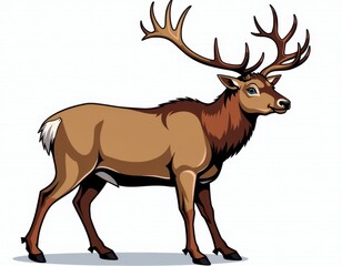 Fototapeta premium A majestic brown elk stands tall, its rugged antlers reaching for the sky as it gazes confidently to the right with a distinctive white tuft at the end of its tail