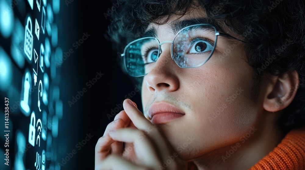 Poster closeup portrait of a thoughtful young boy in glasses sitting in front of a computer screen deeply f