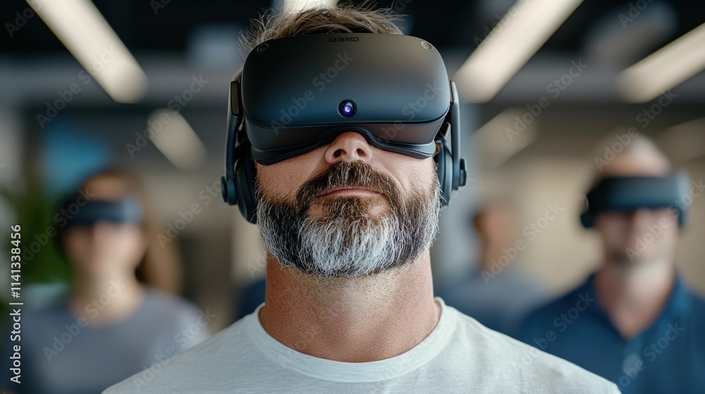 Poster bearded man with beard wearing a virtual reality vr headset device for immersive digital experience 