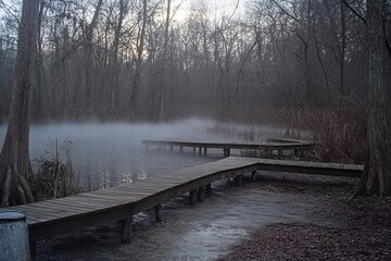 Obraz premium A misty landscape with wooden walkways beside a serene, foggy water body.