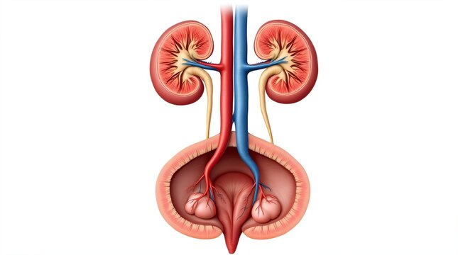 Detailed 3D Medical Illustration of the Human Urinary System: Kidneys, Ureters, Bladder, and Urethra