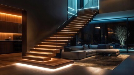 Obraz premium An enchanting illuminated staircase graces the interior of a spacious home.