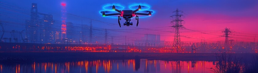A drone flies over an industrial landscape at sunset.