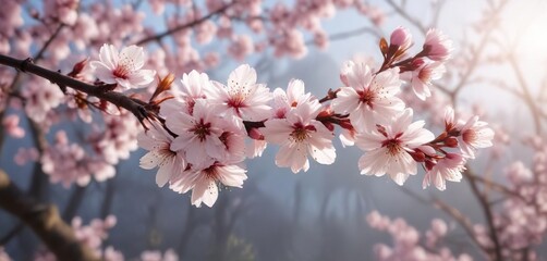 Obraz premium Softly blooming cherry blossoms on a serene spring morning background, gentle hues, spring morning