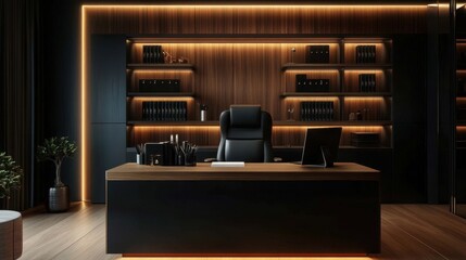 Cozy night-time atmosphere enhancing the sleek office furniture.