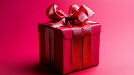 Fototapeta premium Hot pink gift box with double ribbon on a fuchsia studio background