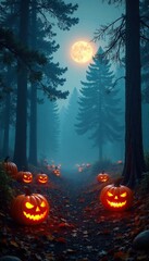 Spooky forest with misty fog and jack o lanterns, eerie, autumn