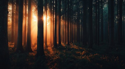 Moody Autumn Forest with Golden Sunlight Highlights