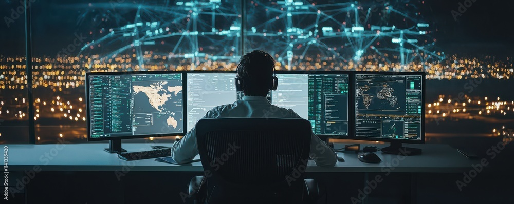 Poster a professional analyzing data in a high-tech control room.