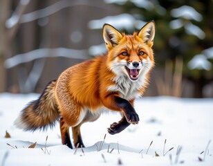 Obraz premium A fiery red fox bursts through a winter wonderland, its head turned sideways with tongue lolling out as it bounds across a blanket of pristine snow