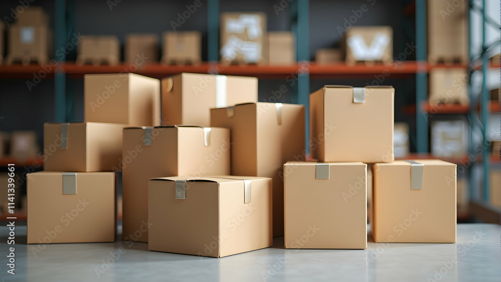 Poster a stack of cardboard boxes sits in a warehouse, ready for shipment. the background shows more boxes 