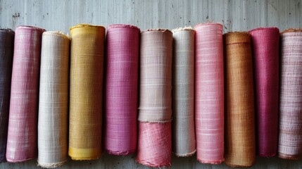 Quality linen fabric rolls set in a row, ideal for printing designs.