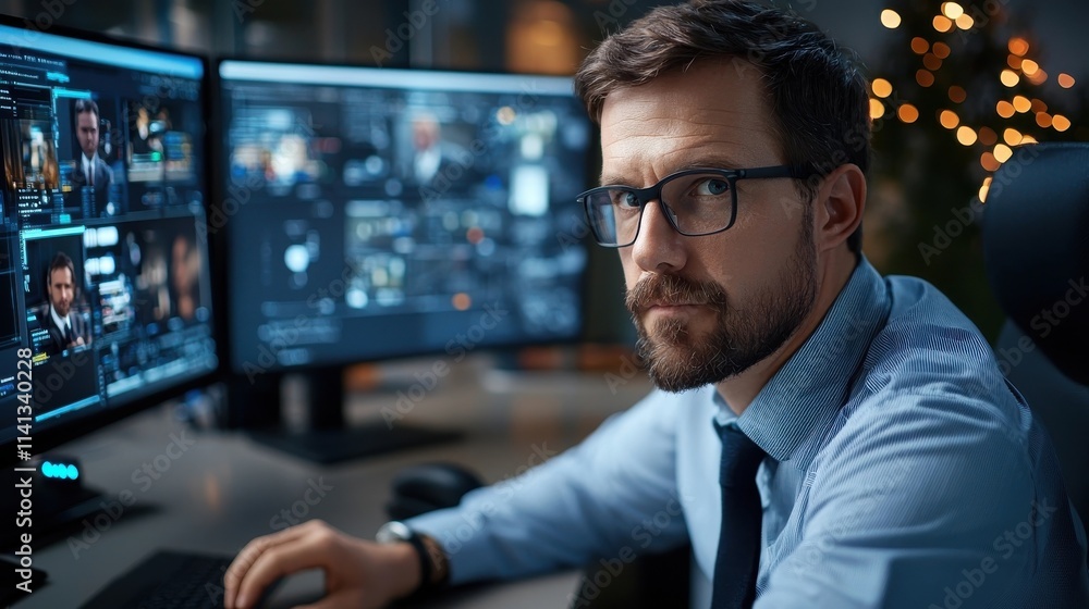Poster serious middle aged businessman deeply focused on analyzing financial data and reports on multiple c