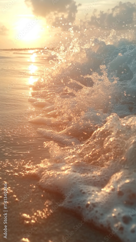 Poster a close-up of ocean waves crashing on a beach at sunset, creating a serene atmosphere.