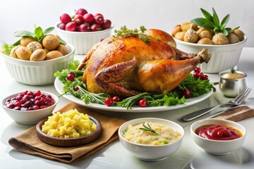 Flat lay showcasing a minimalist Thanksgiving dinner: roasted turkey centerpiece, elegant simplicity.