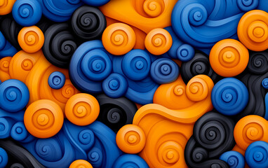 A colorful abstract design with blue, orange, and black swirls. The colors are vibrant and the design is dynamic